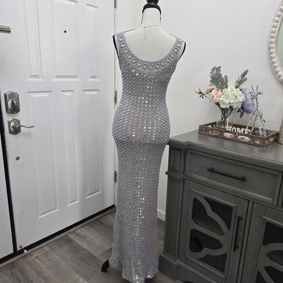 Women's Hand Crochet Sequin Sparkly Gown Shawl Silver S Formal Elegant DiscoLuxe - Picture 5 of 16